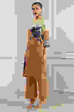 Orange Viscose Rayon Straight Printed Fusion Set image number 3