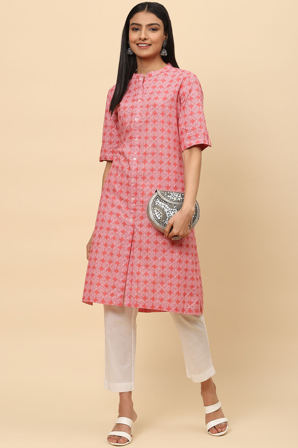 Dusty Pink Cotton Printed Short Kurti image number 5