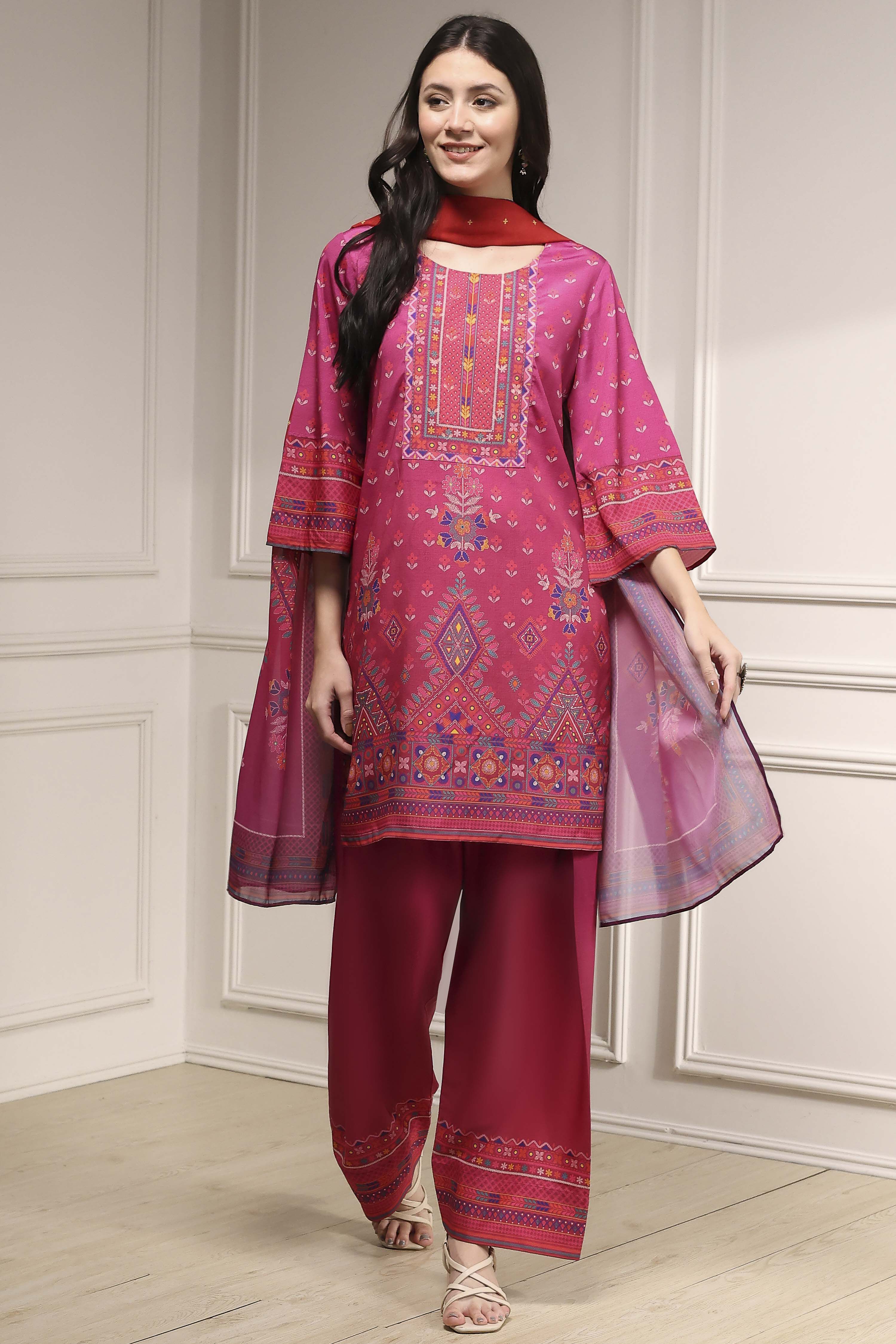 Pink Printed Straight Suit Set image number 6