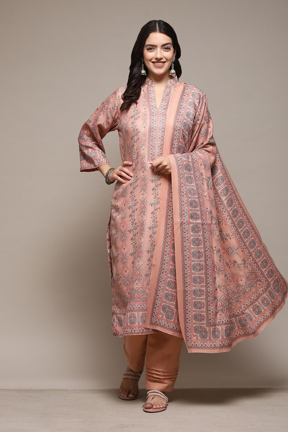 Pink Viscose Silk Placement Print Unstitched Suit Set