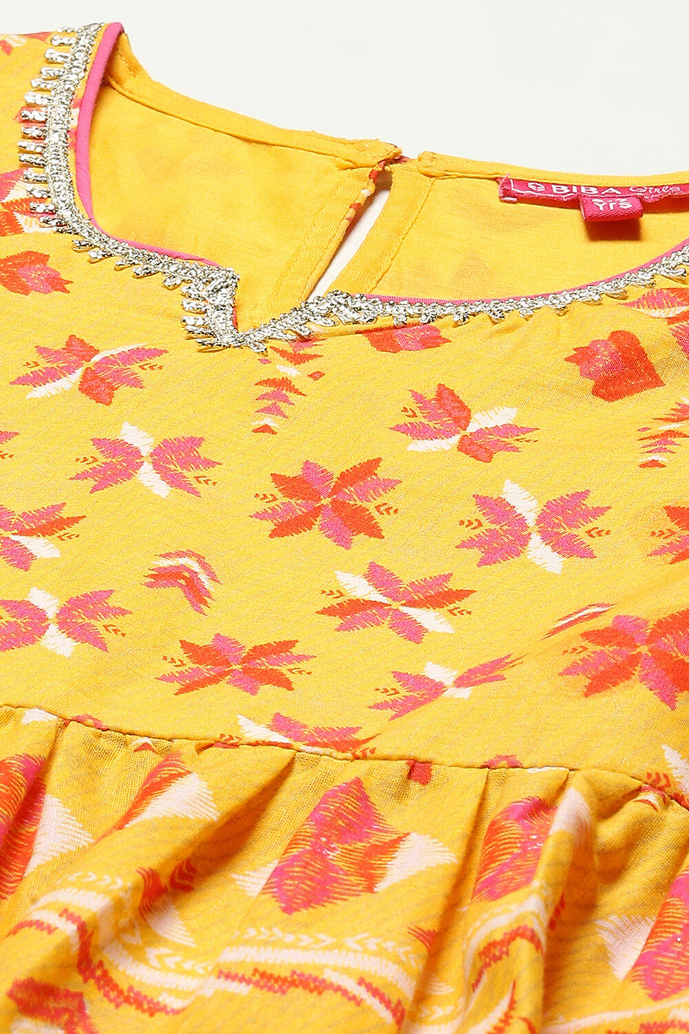 Yellow Cotton Gathered Printed Kurta Sharara Suit Set image number 5