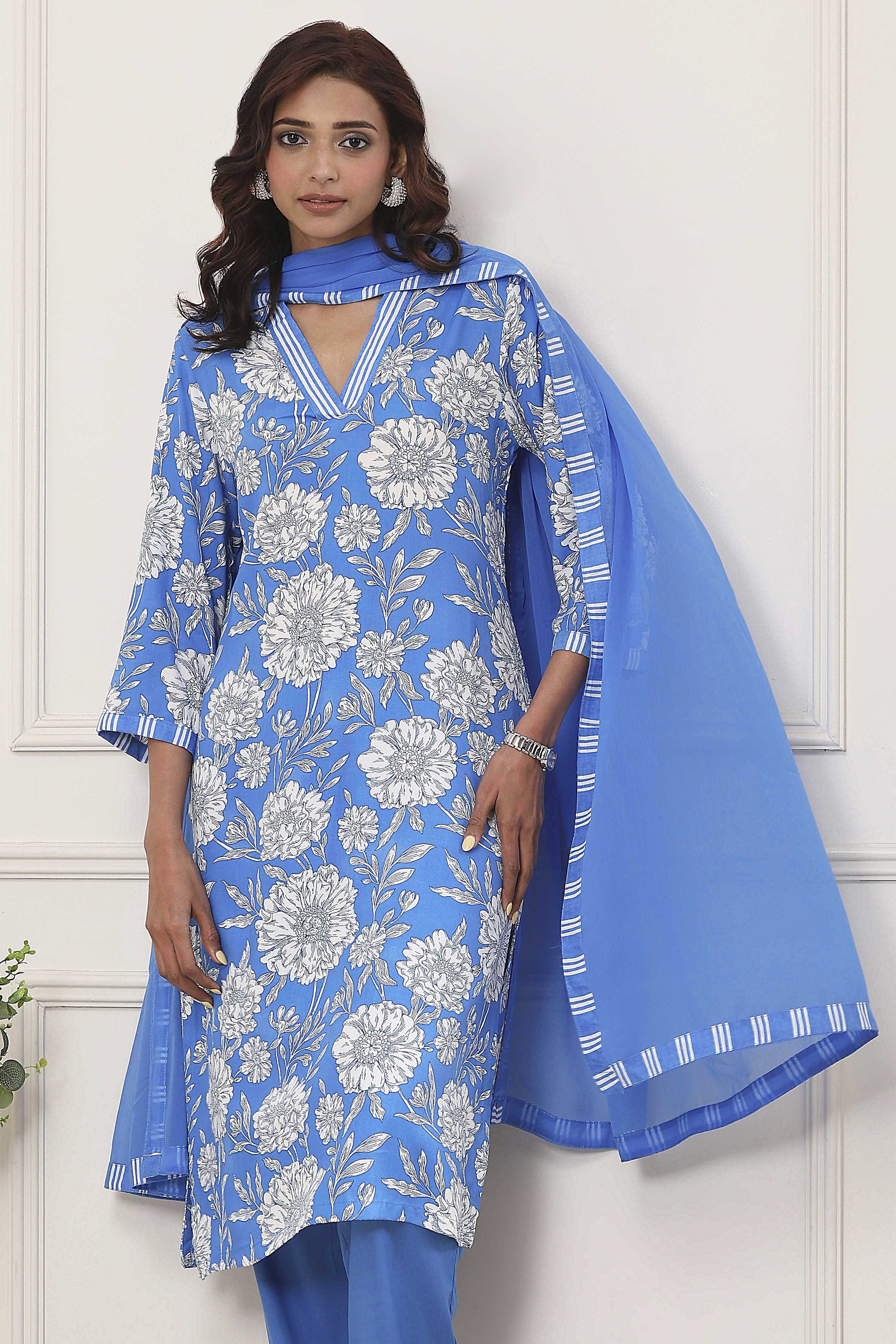 Blue Floral Printed Straight Suit Set image number 7