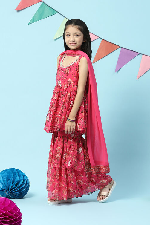 Deep Fuchsia Cotton Printed Kurta Garara Suit Set image number 3