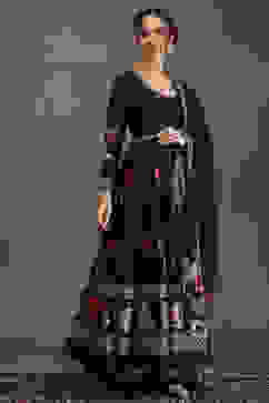 Rohit Bal Navy Blue Silk Chanderi Floral Anarkali Suit Set image number 4