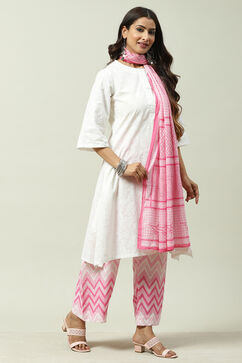 White and Pink Cotton Straight Kurta Palazzo Suit Set image number 6