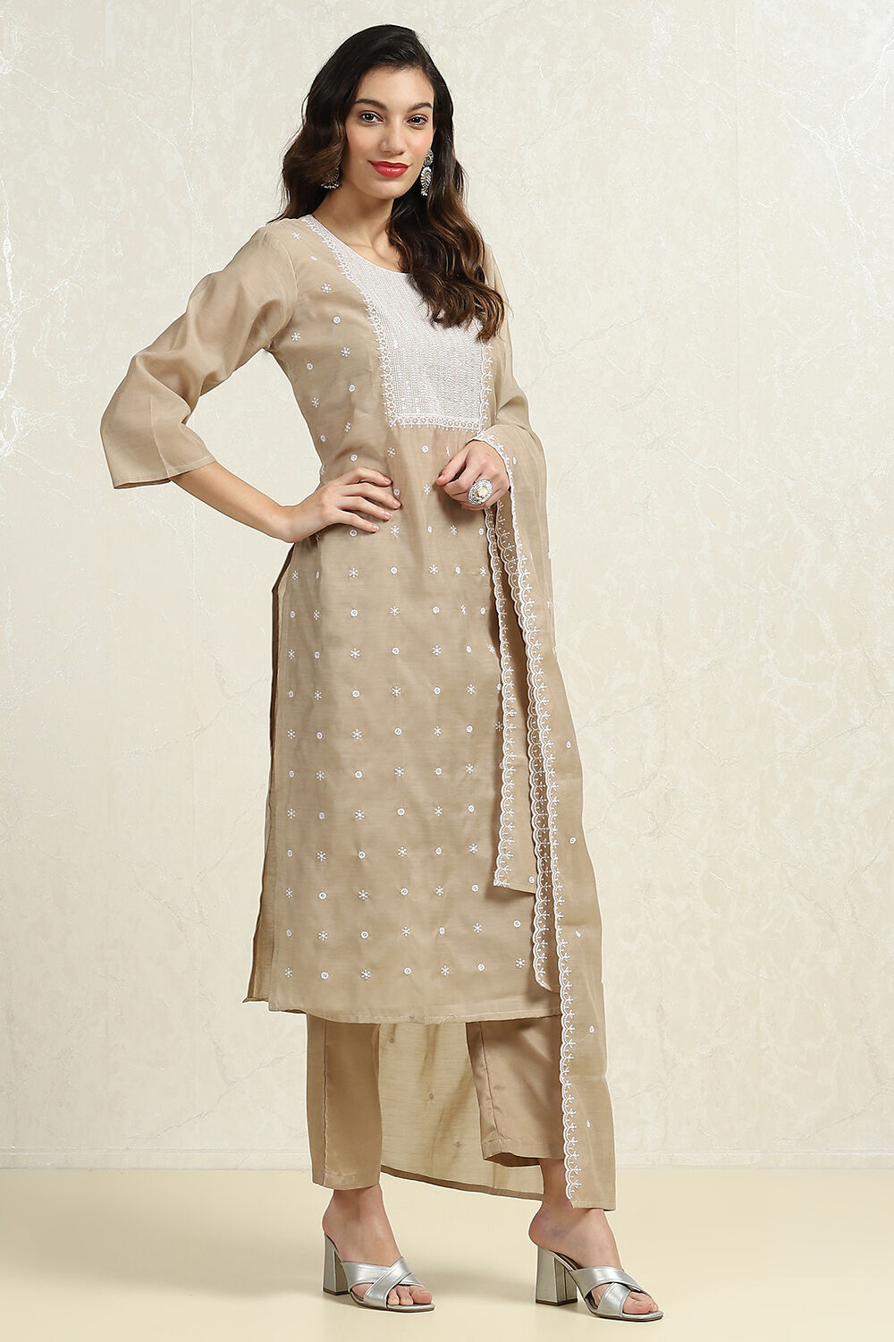 Beige Chanderi Machine Embroidered Unstitched Suit Set image number 3