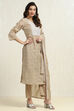 Beige Chanderi Machine Embroidered Unstitched Suit Set image number 3