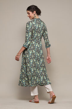 Bottle Green LIVA A-Line Printed Dress image number 5