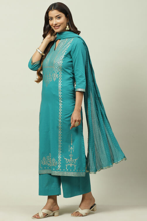 Peacock Green Printed Cotton Straight Suit Set image number 5