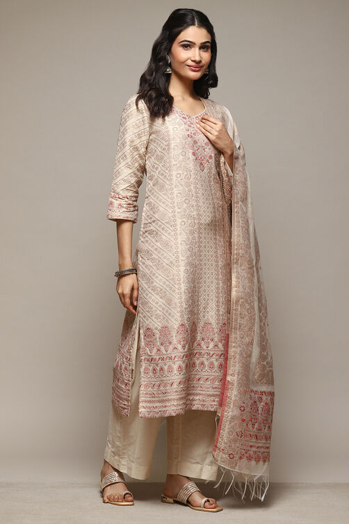 Beige Cotton Blend Straight Kurta Suit Set image number 6