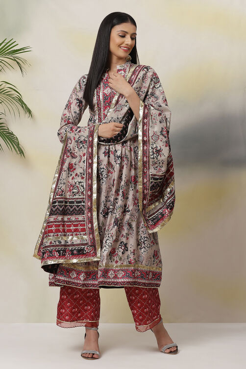 Grey Flared Art Silk Printed Dress image number 4