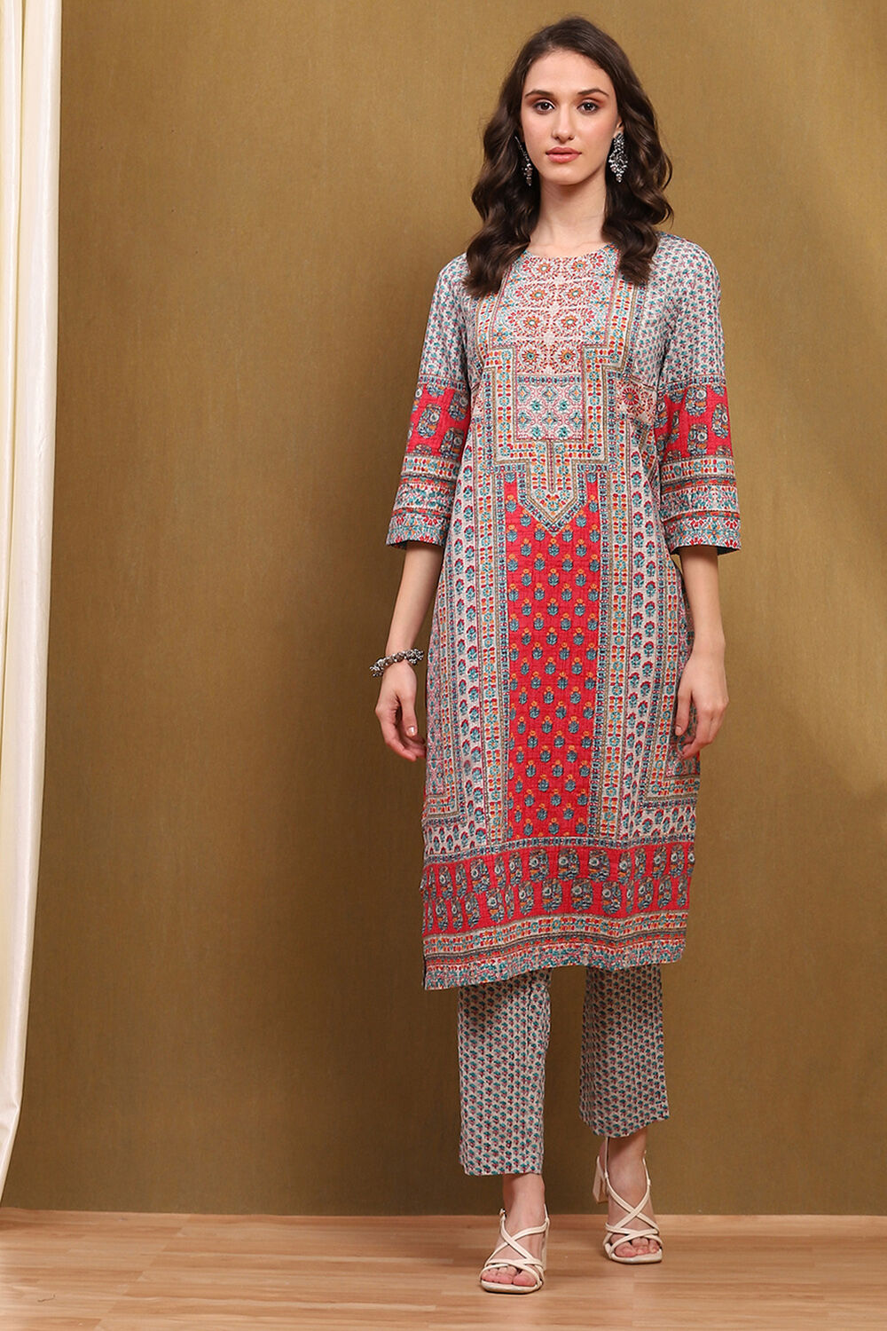 Beige and Blue Cotton Printed Straight Kurta Set image number 6