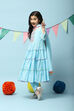 Blue Cotton Tiered Kurta Churidar Suit Set image number 5