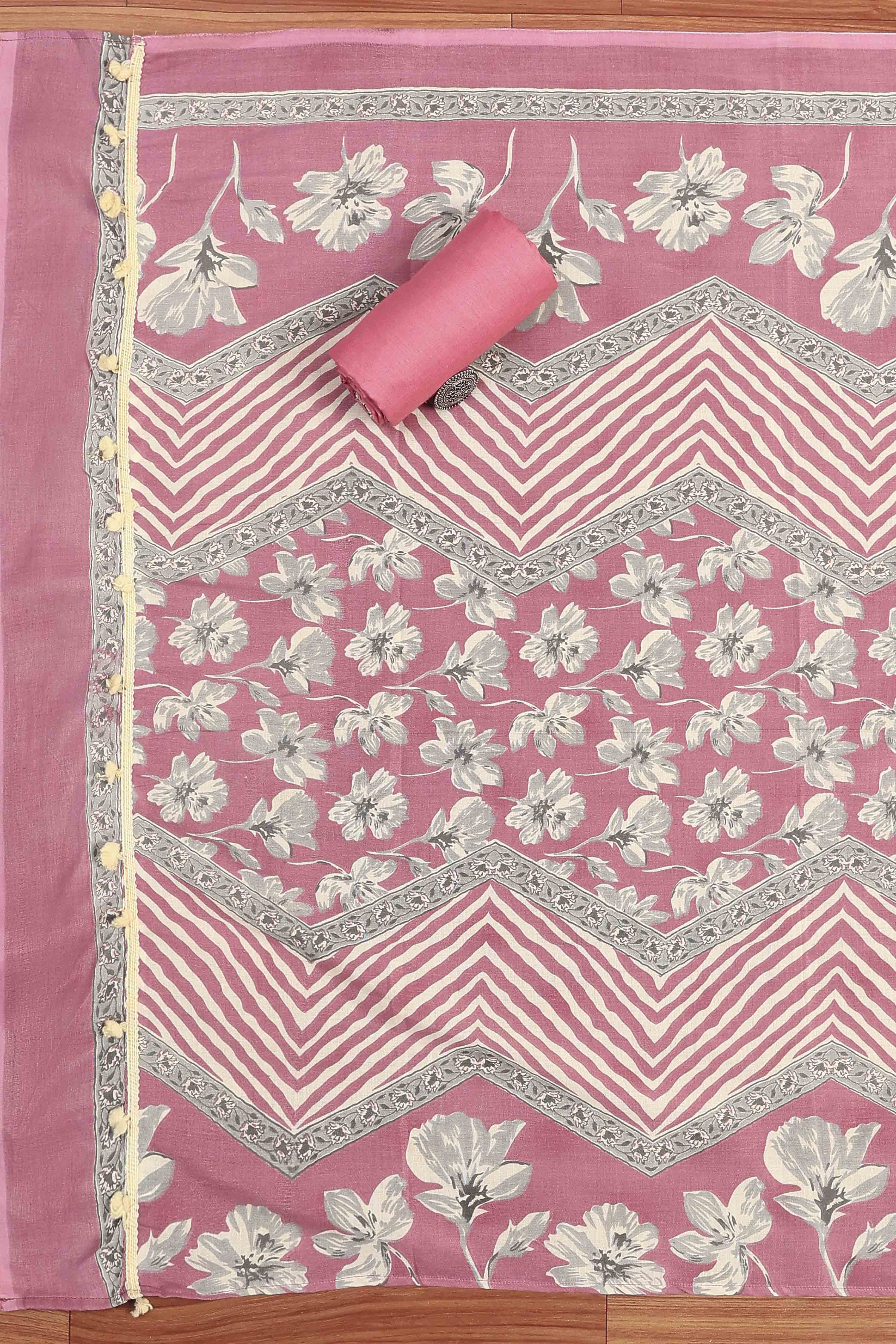 Pink Cotton Flower and Lace Work Unstitched Suit Set image number 3