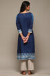 Navy LIVA Straight Printed Kurta image number 4