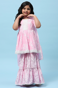 Pink Cotton Floral Printed Gathered Peplum Suit Set image number 7