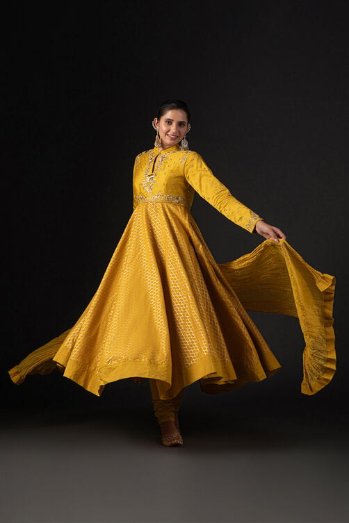 Rohit Bal Mustard Cotton Silk Anarkali Printed Suit Set image number 0