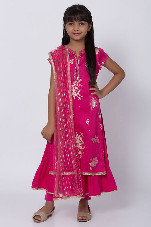Pink Poly Cotton Double Layered Kurta Churidar Suit Set image number 0