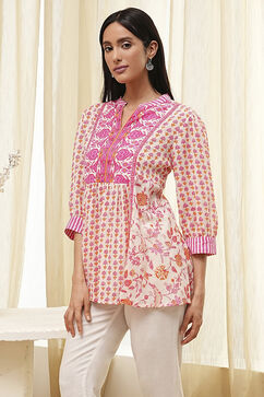 Pink Cotton Printed A-line Short Kurta image number 2