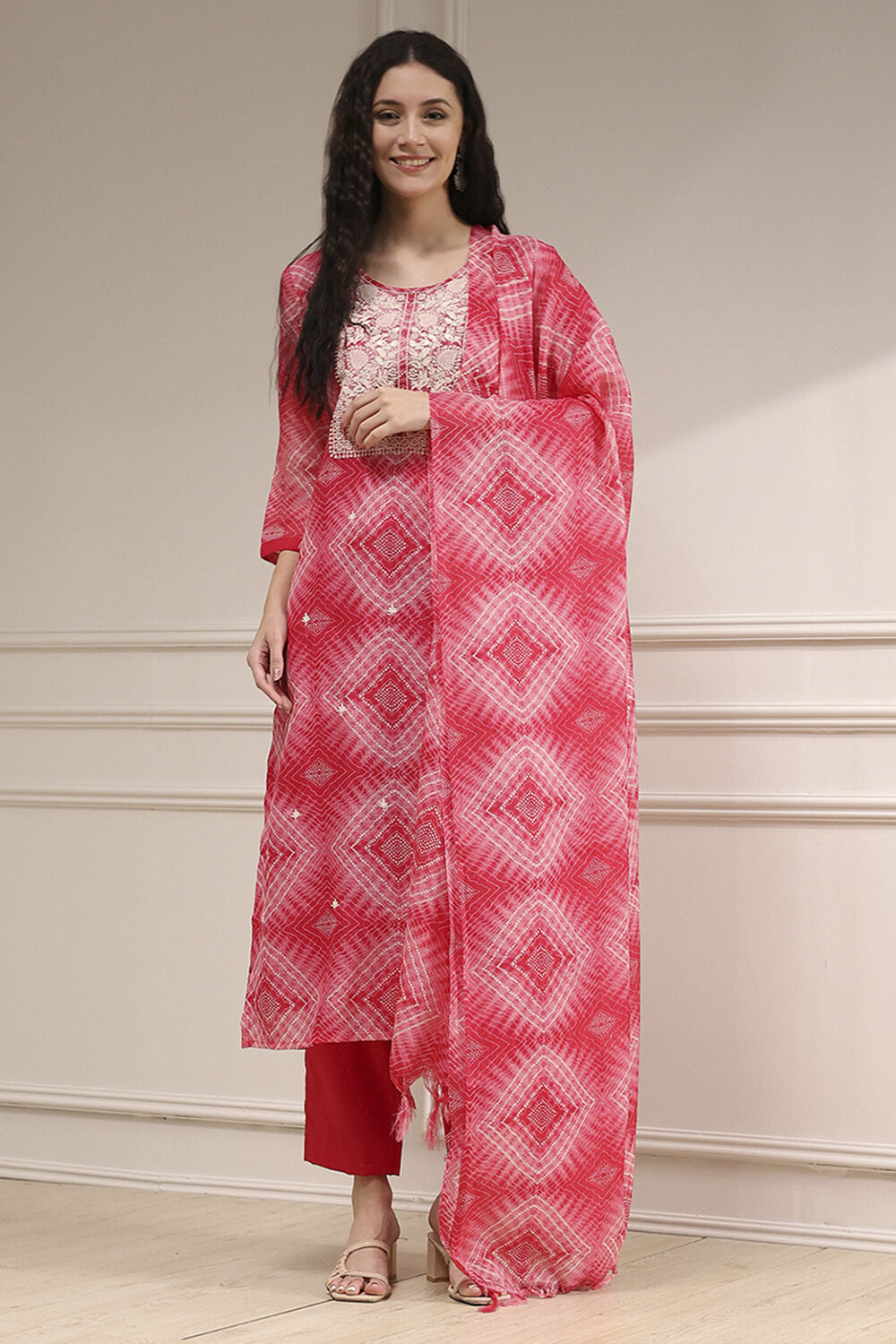 Pink Cotton Machine Embroidered Unstitched Suit Set image number 1