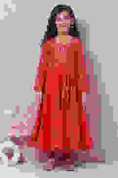 Red Cotton Anarkali Kurta Churidar Suit Set image number 5