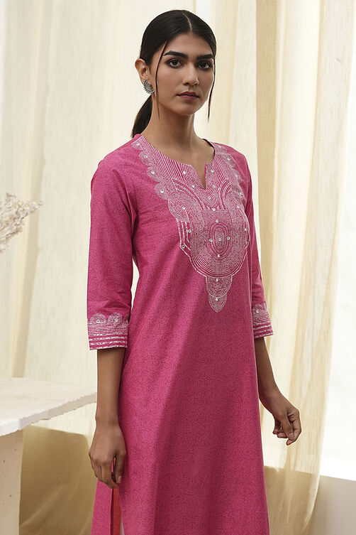Pink Pure Cotton Printed Straight Kurta image number 1
