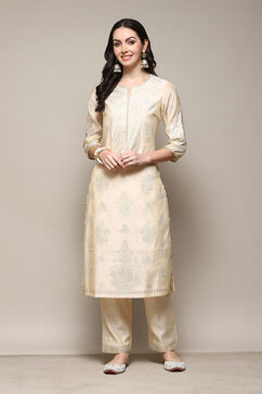 Off White Polyester Straight Printed 2 Piece Set image number 6
