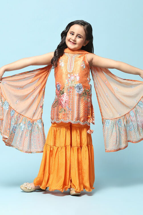 Orange Polyester Straight Printed Suit Set image number 0