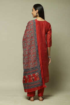 Red Chanderi Machine Embroidered Unstitched Suit Set image number 7