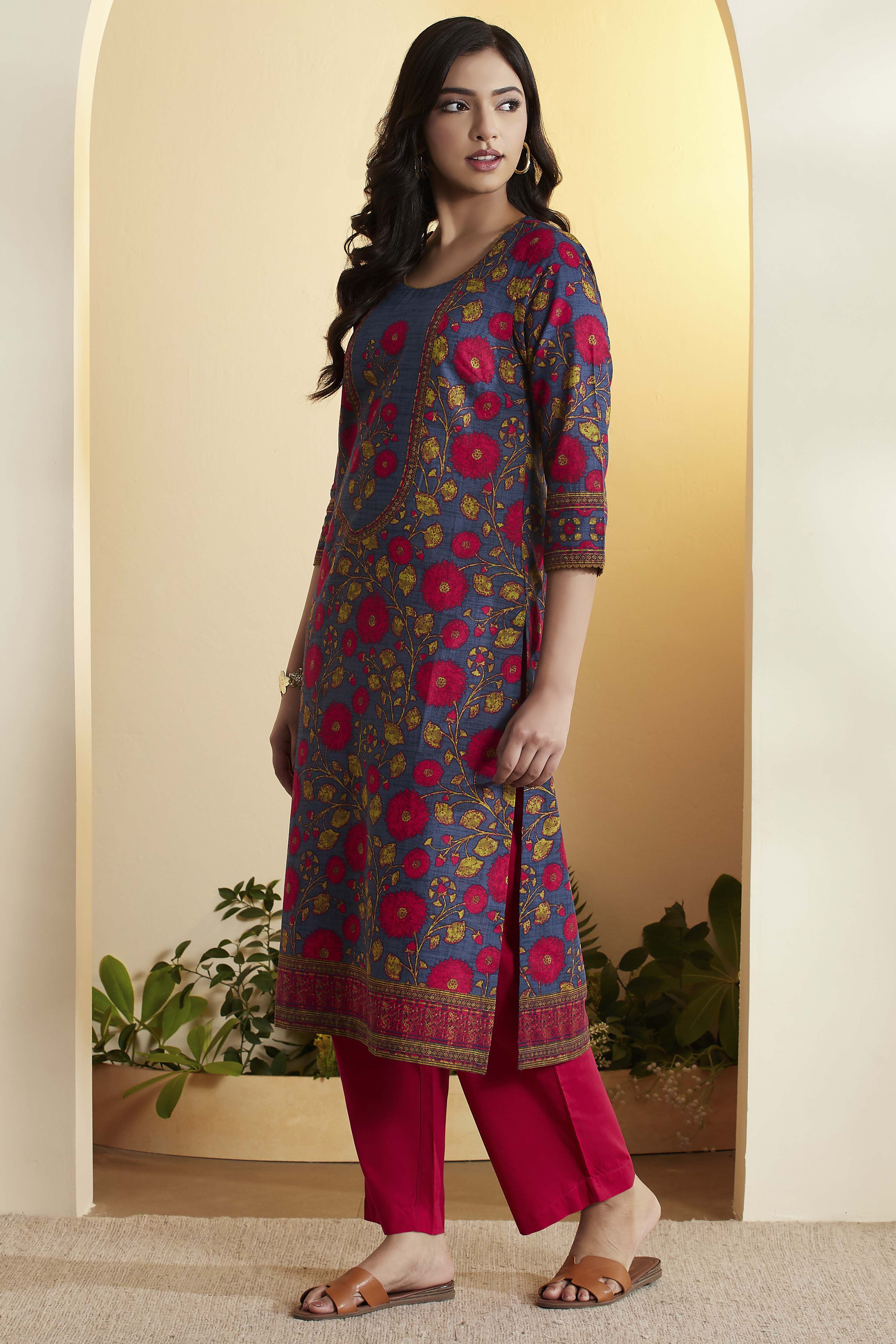Blue Cotton Straight Kurta image number 2