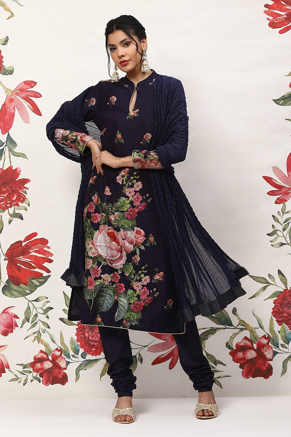 Indigo Cotton Blend Straight Kurta Suit Set image number 0