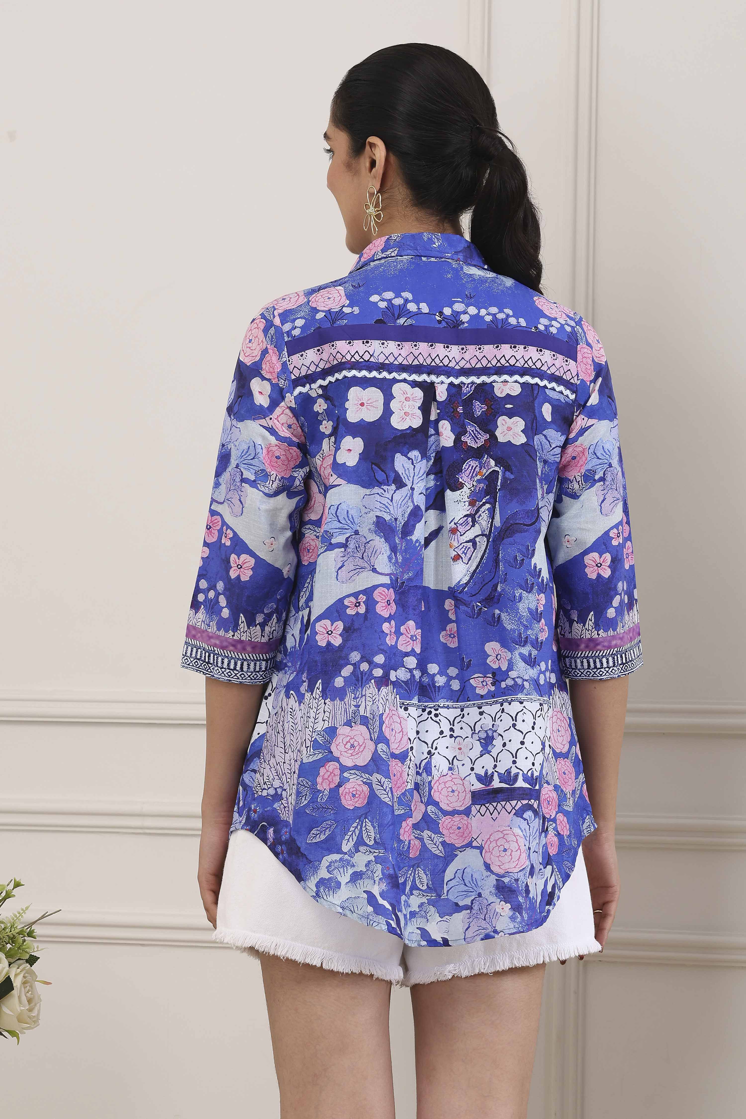 Blue Cotton Floral Printed Shirt image number 3