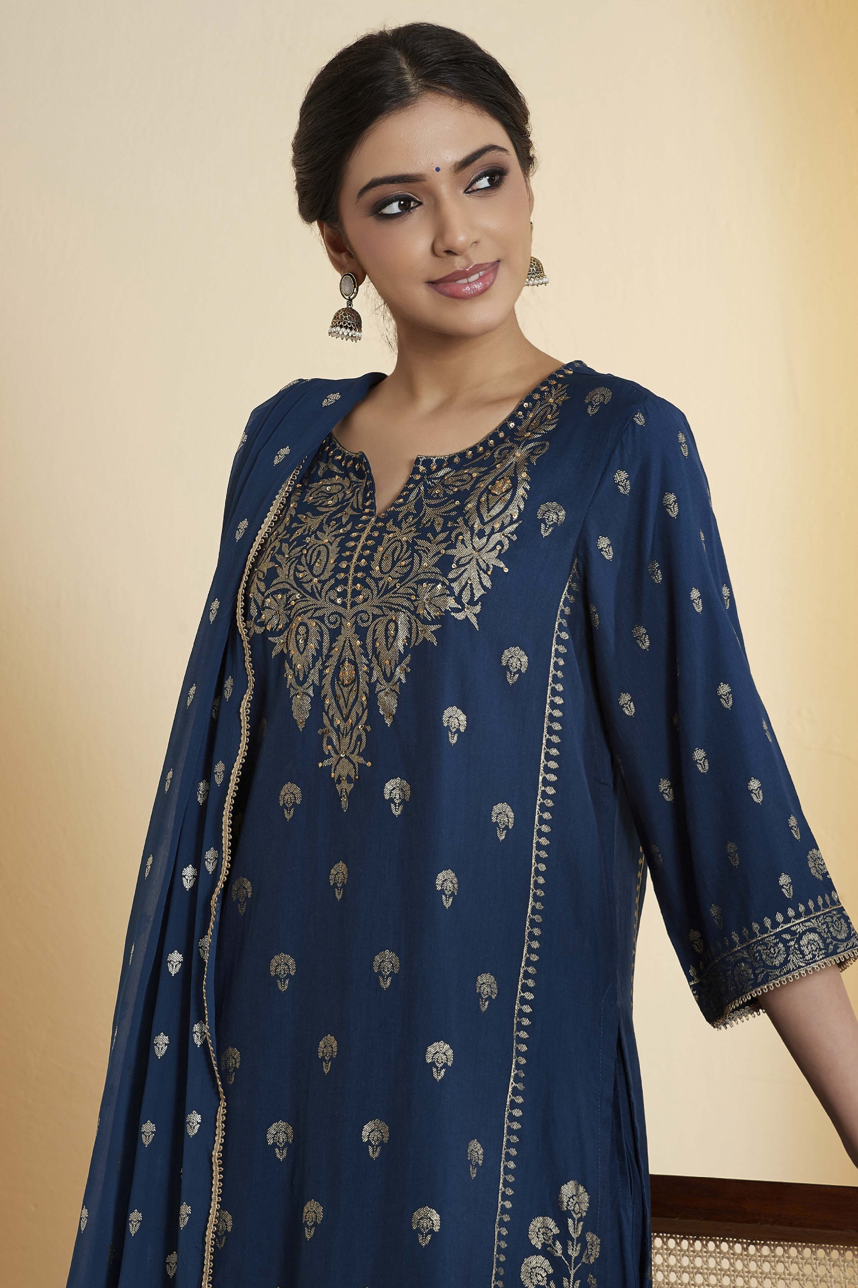Blue Viscose Blend Straight Suit Set image number 1