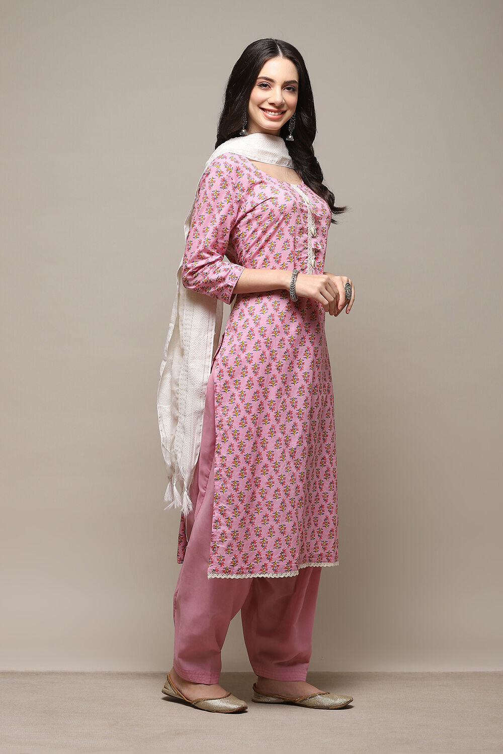 Peach Cotton Handloom Unstitched Suit Set image number 7