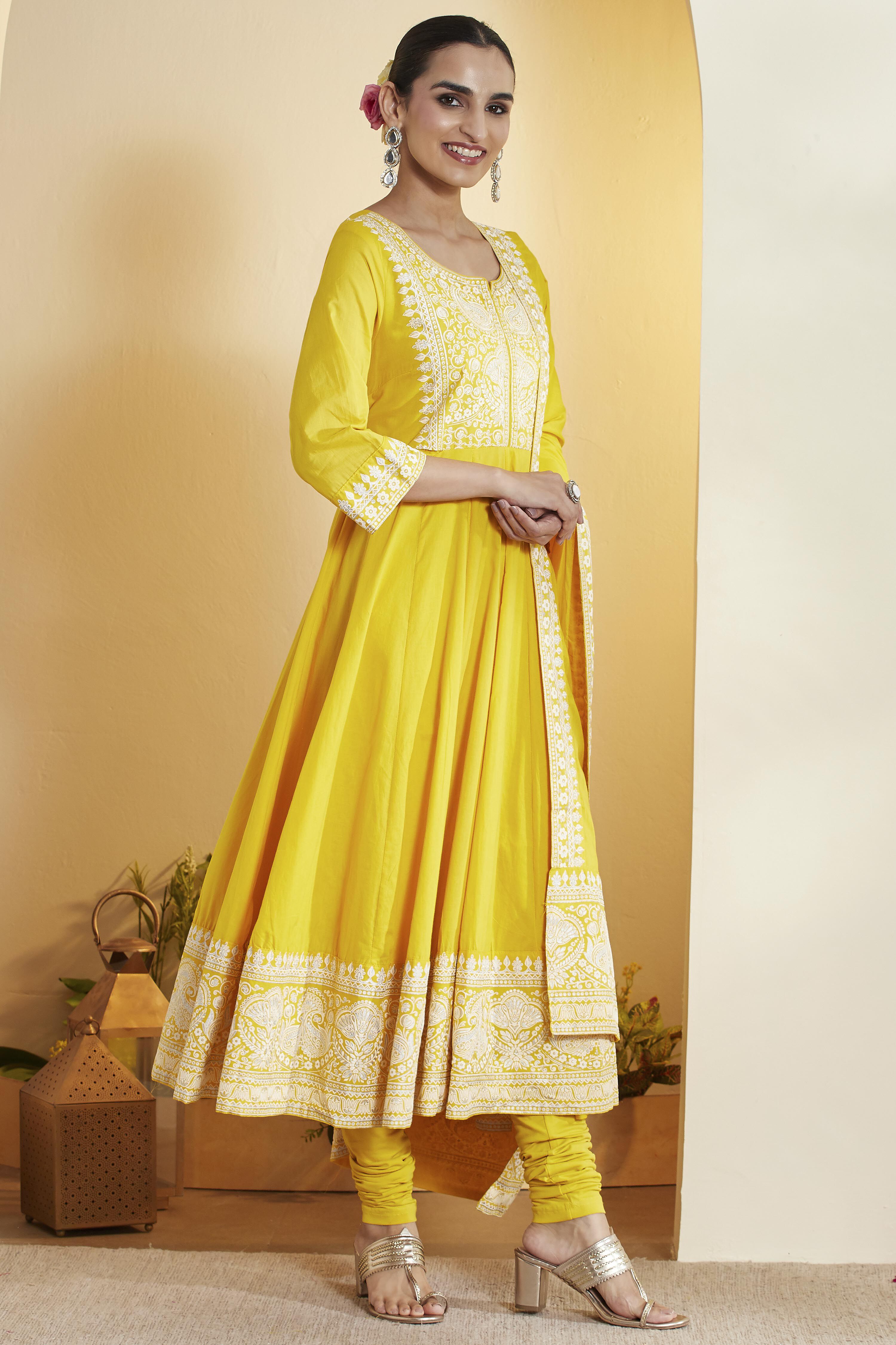 Yellow Cotton Embroidered Anarkali Kurta Set image number 5