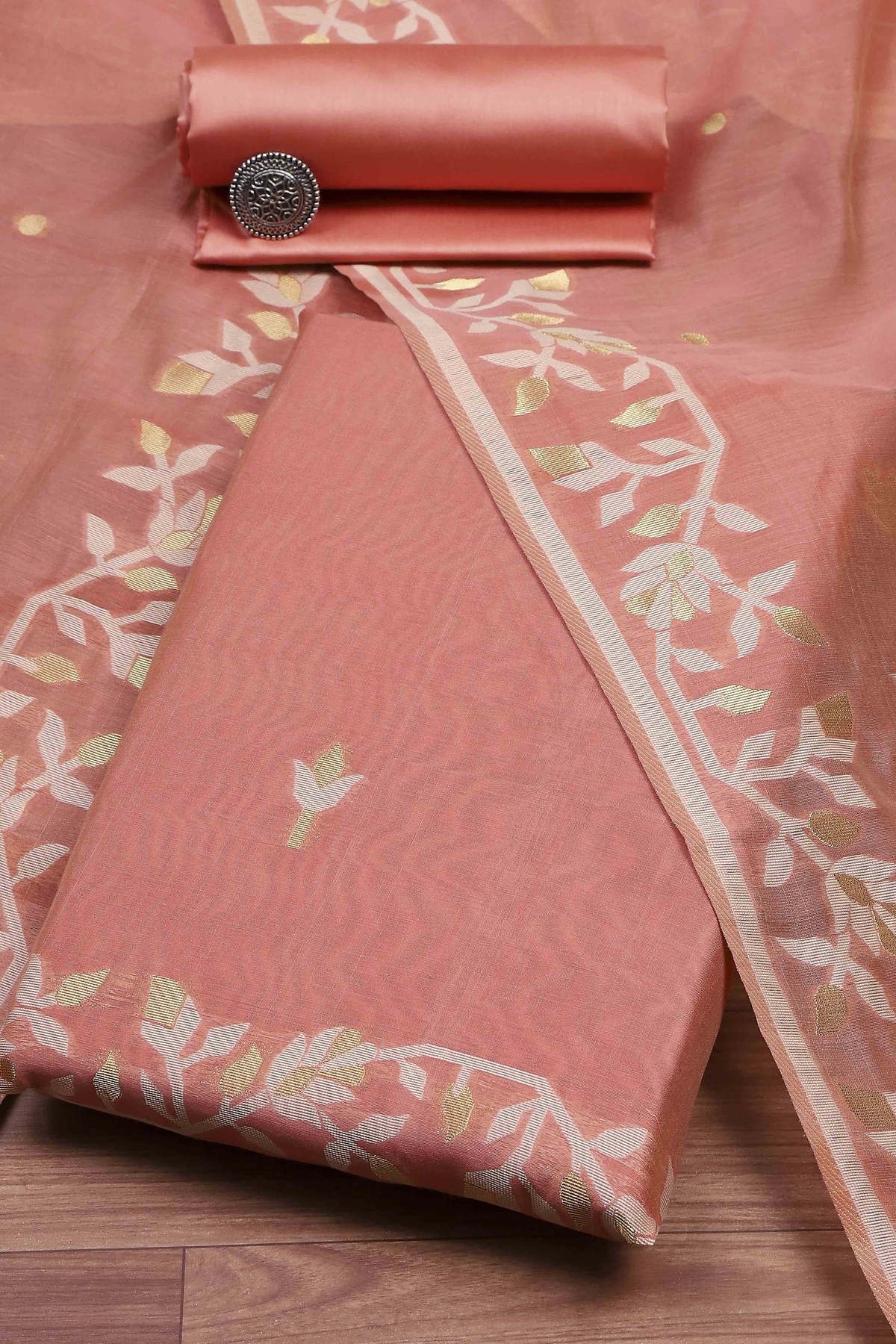 Rust Cotton Jamdani Unstitched Suit Set