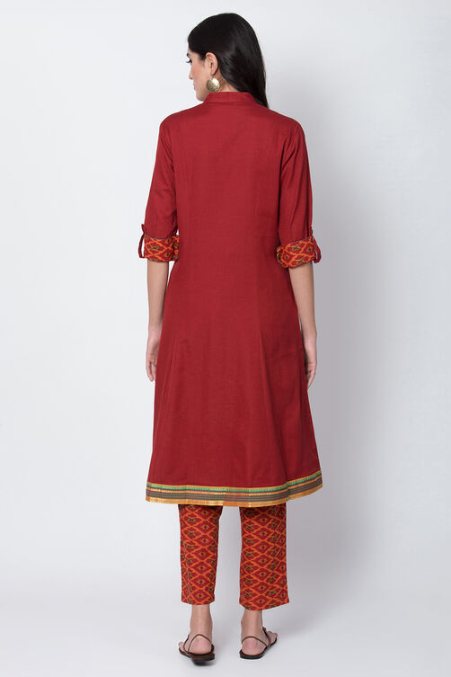 Red Cotton Flax Front Open Kurta Pant Suit Set image number 4