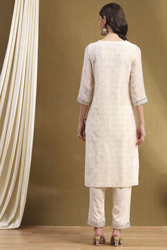 Off-white Poly Chanderi Embroidered Festive Straight Suit Set image number 4