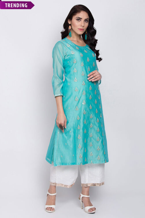 Aqua Poly Cotton A-Line Embroidered Kurta image number 0