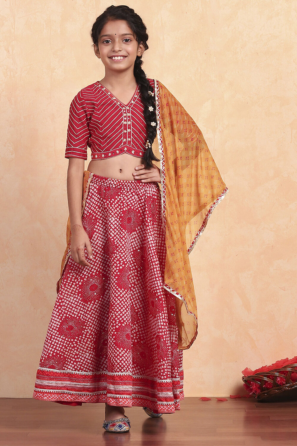 Red Poly Chanderi Printed Lehenga Set image number 6