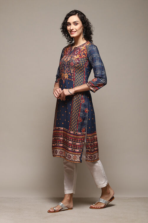 Teal LIVA Straight Printed Kurta image number 2