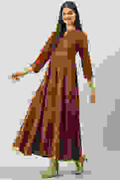 Brown Cotton Flared Printed Dress image number 2