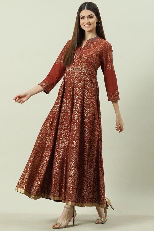 Brown Cotton Flared Printed Dress image number 2