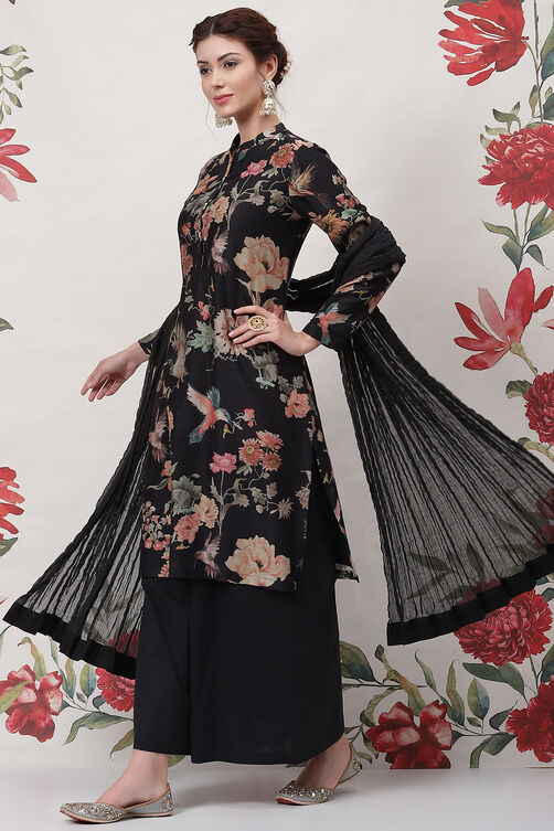 Rohit Bal Black Silk & Cotton Straight Kurta Suit Set image number 4