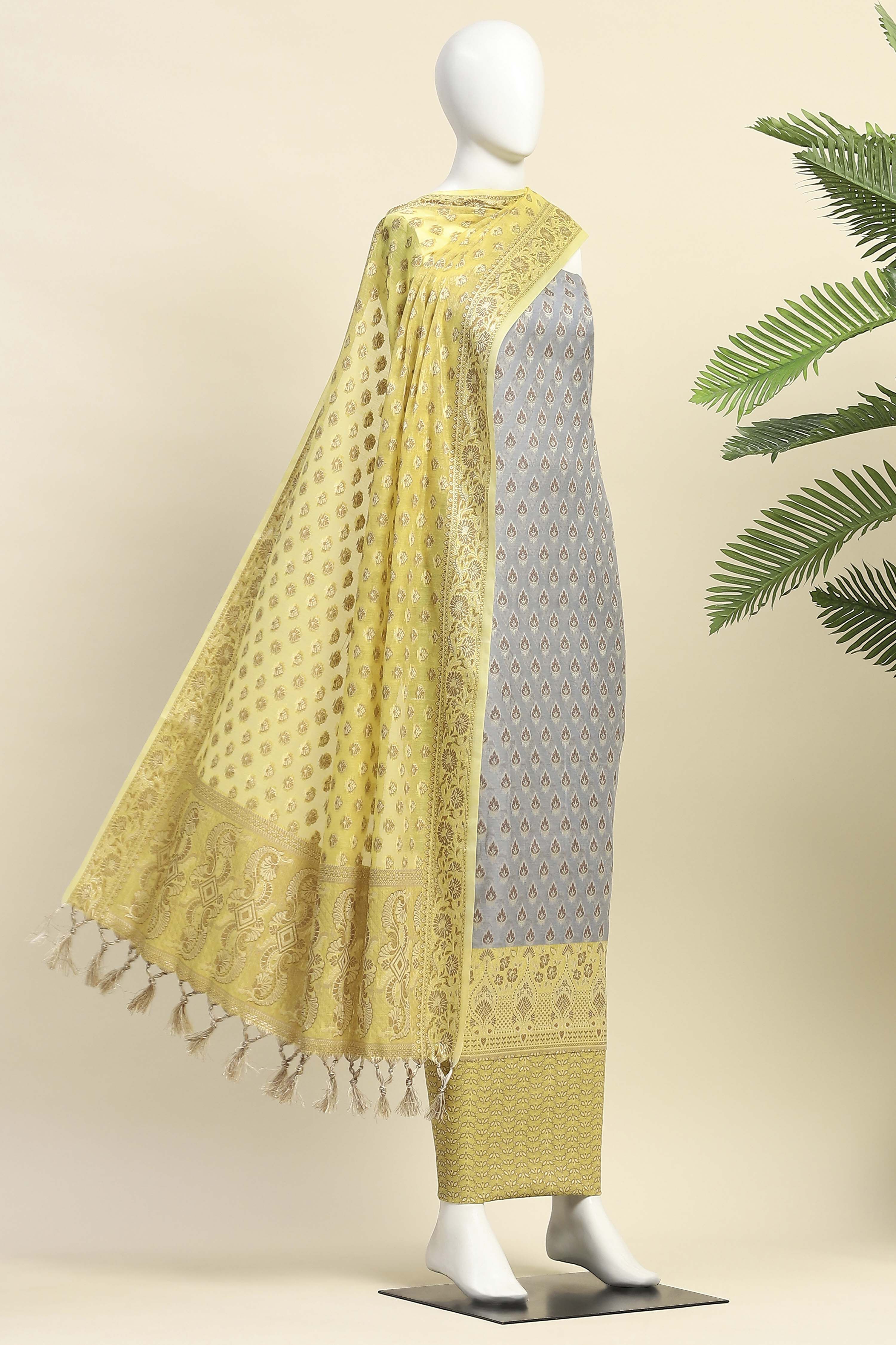 Blue Cotton Printed Embroidered Unstitched Suit Set image number 4