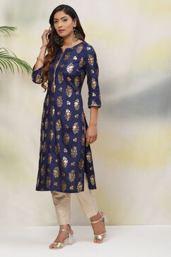 Navy Blue Straight Viscose Kurta image number 3