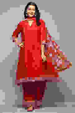 Red Chanderi Straight Kurta Suit Set image number 0
