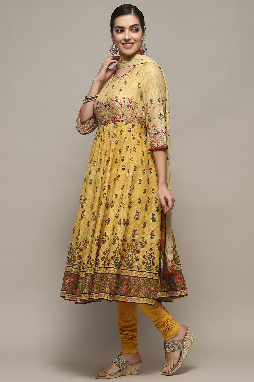 Yellow Voile Anarkali Kurta Churidar Suit Set image number 4