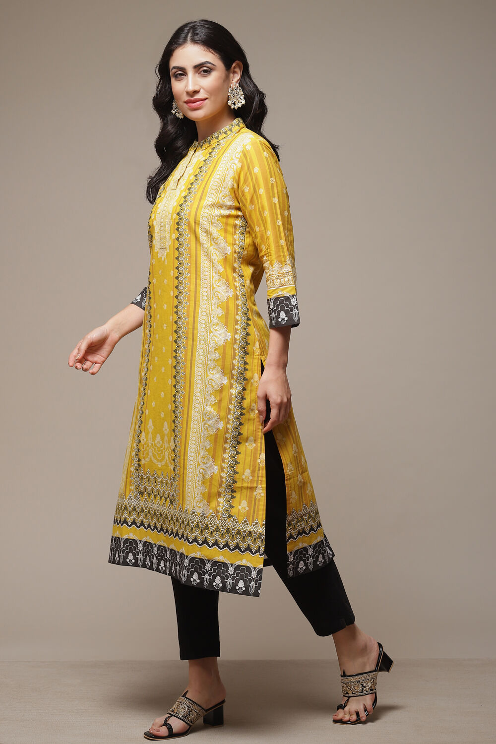 Ochre Cotton Straight Printed Kurta image number 3