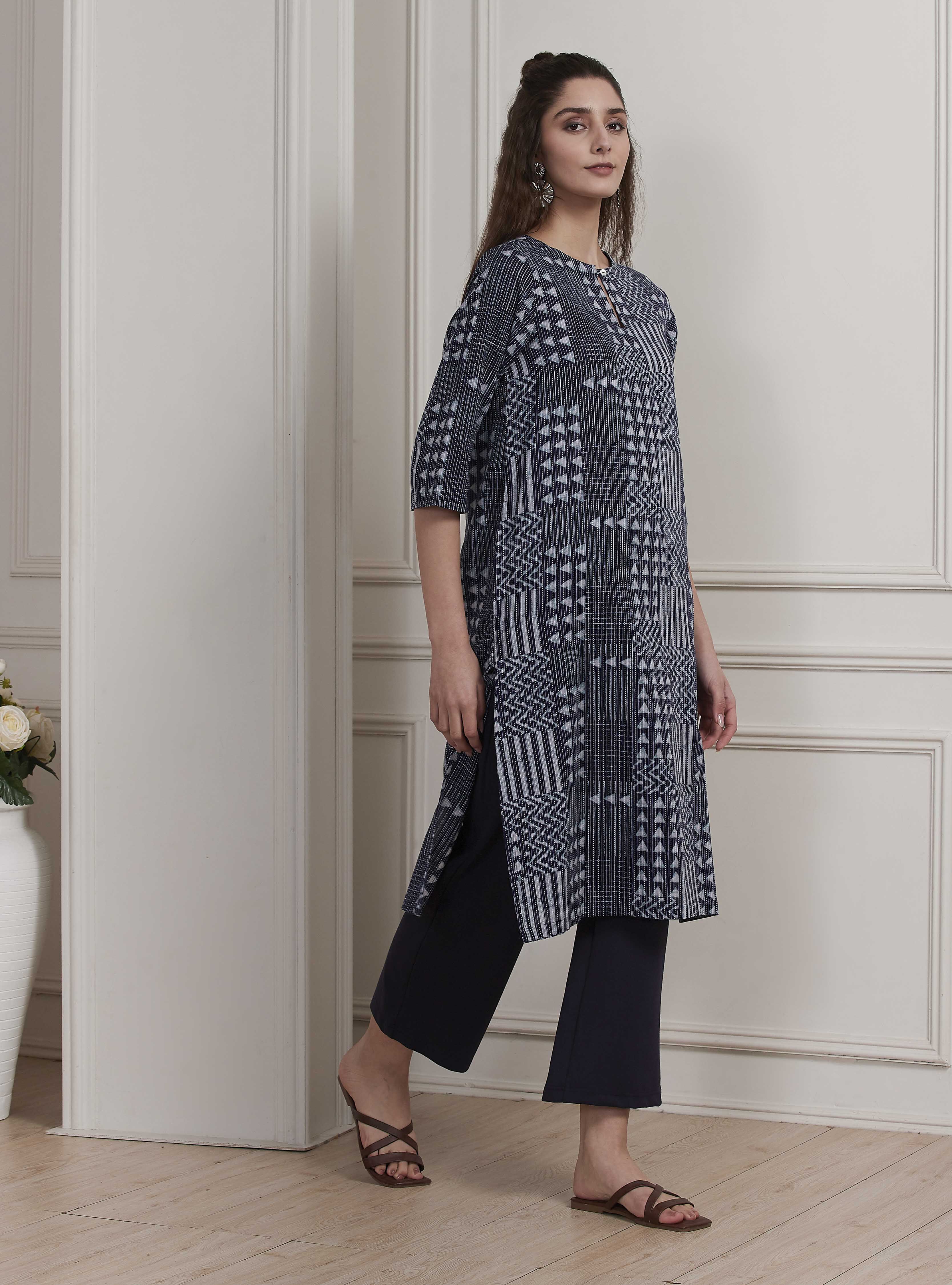 Blue Cotton Printed Straight Kurta image number 4